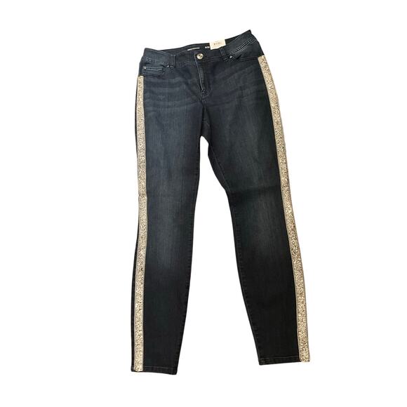 INC Denim Skinny Jeans Mid Rise Side Embelished Dark Wash Blue Size 8/29 NWT - Picture 1 of 7